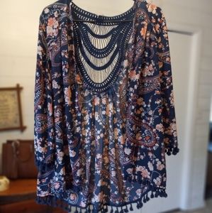 a. moon Navy Floral Kimono Cardigan